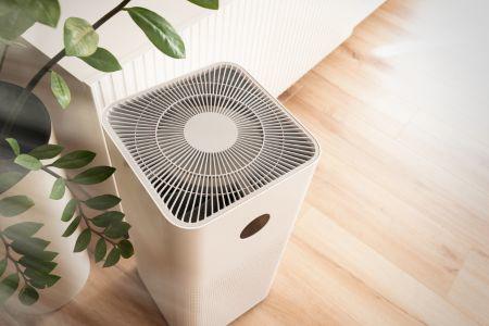 air purifier sitting next to a plant