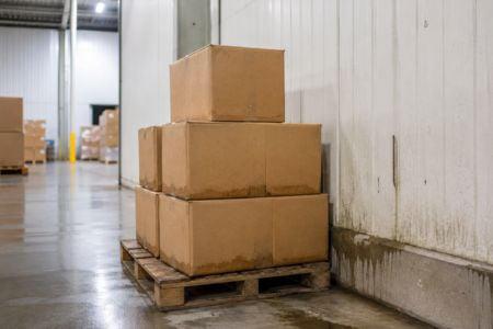 Cardboard boxes on a warehouse pallet show how moisture near exterior walls can affect stored materials.