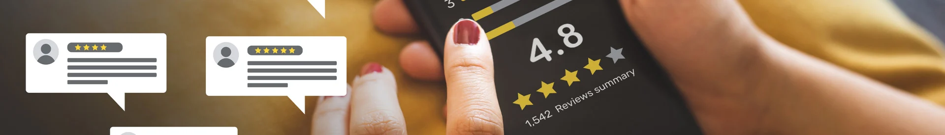 Woman holding a phone showing a 4.8-star Google review summary for AdvantaClean