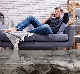 A man sitting on a couch in a flooded room